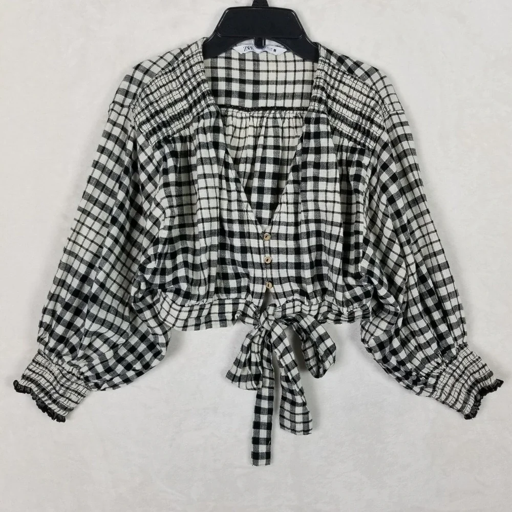 Zara Blouse Women Small Black Gingham Cropped Tie Front Smocked Puff Sleeve